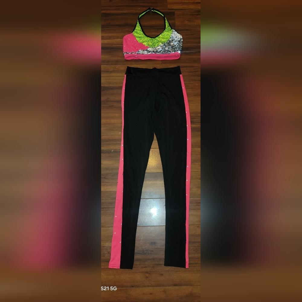 Reverence Women's 2-piece Black Pink & Green Silver Sequin Dance Costume Dance